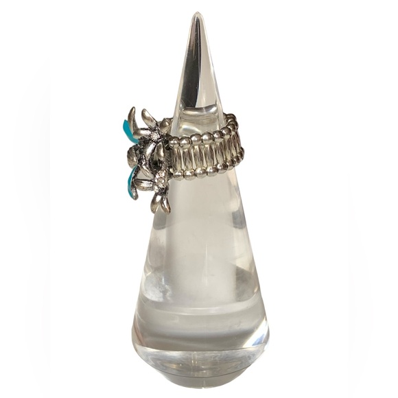 Turquoise Blue Silver Plated Clear Rhinestone  Flower Stretch Band Fashion Ring - Picture 3 of 8